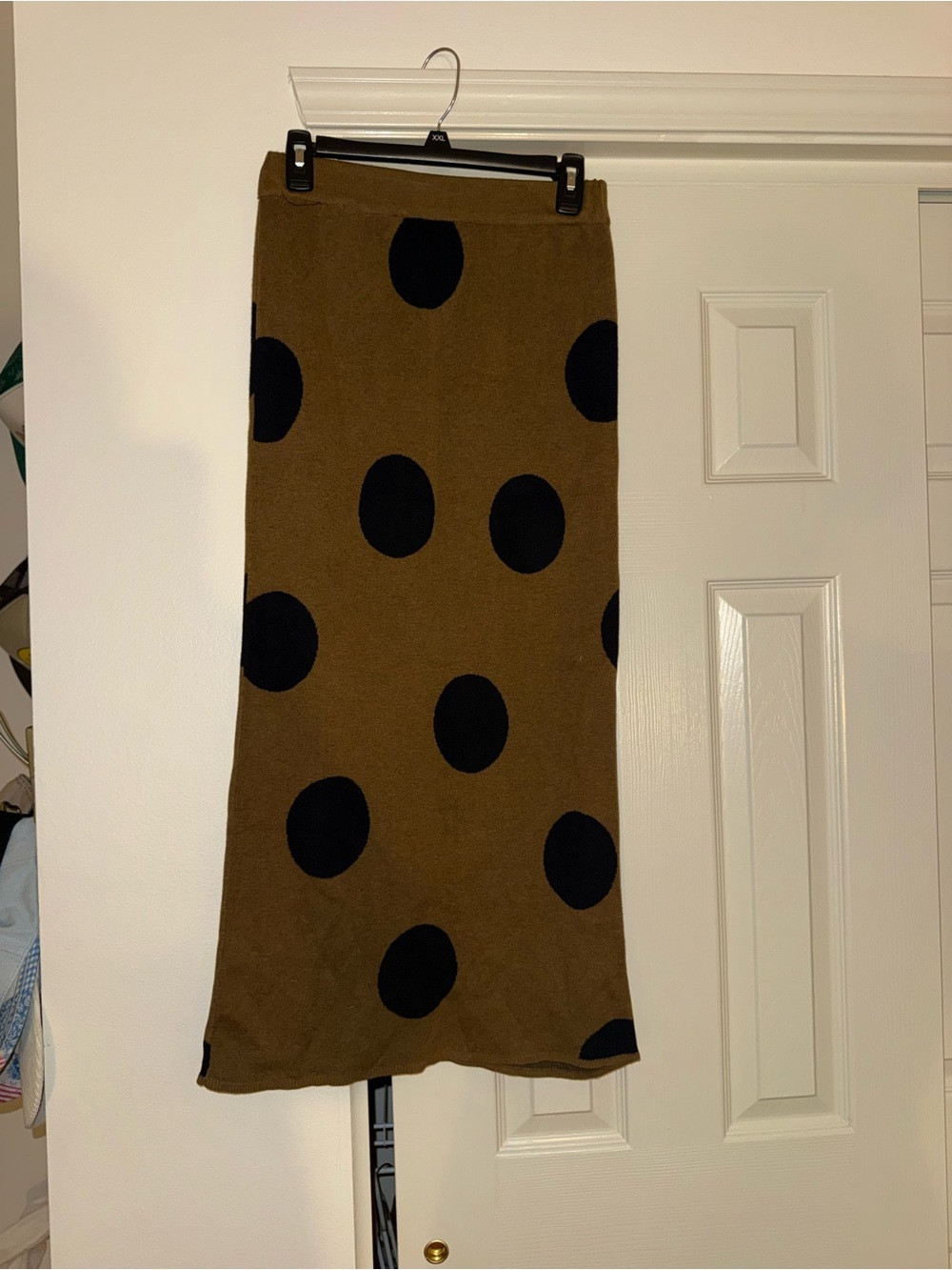 Brown Polka Dot Knit Midi Skirt - Black Dot
